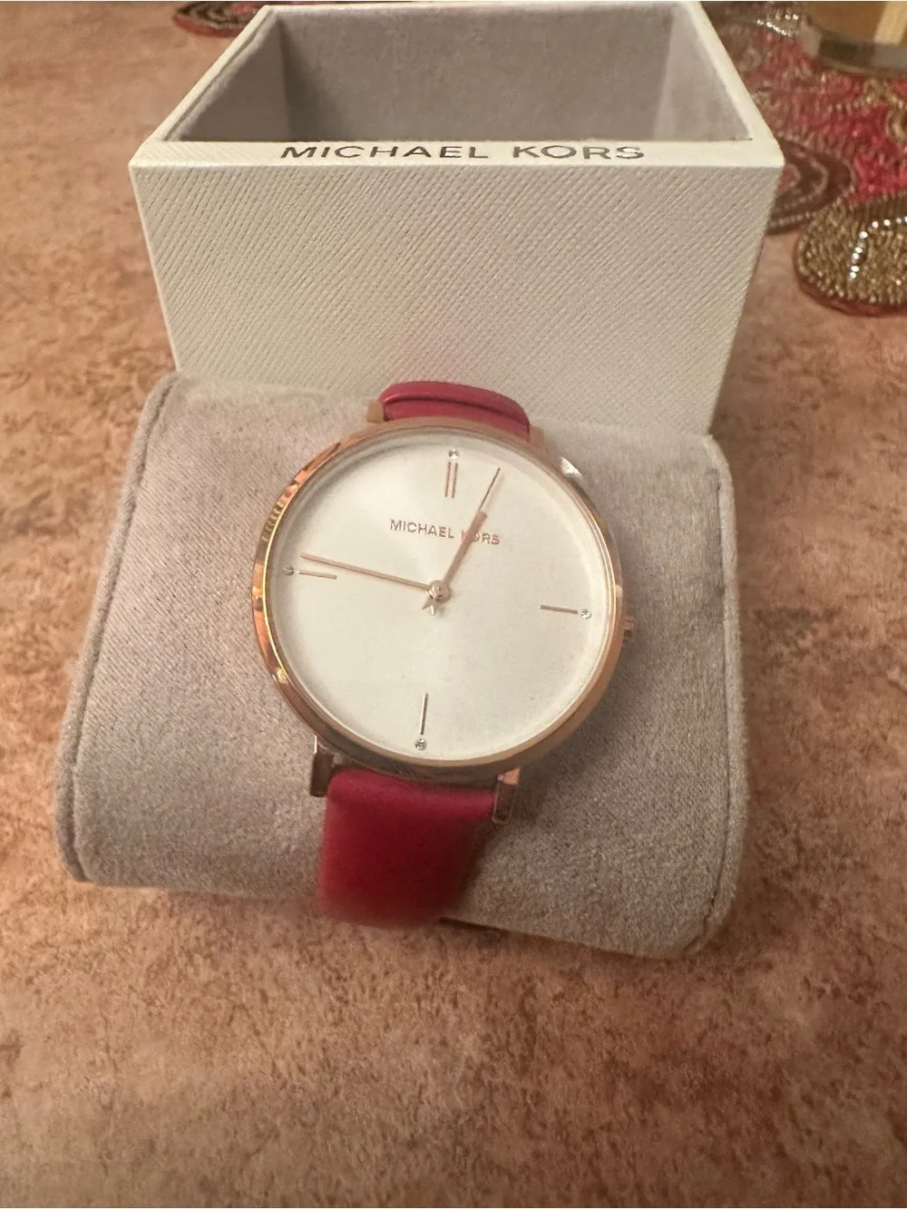 Michael Kors Gold Round Watch with Pink Leather Strap